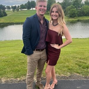 Lulu's Burgundy Strapless Ruffle Midi Dress